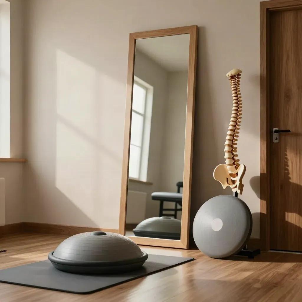 Specchio, cuscino propriocettivo, disco di equilibrio e colonna in legno in un angolo clinico.
