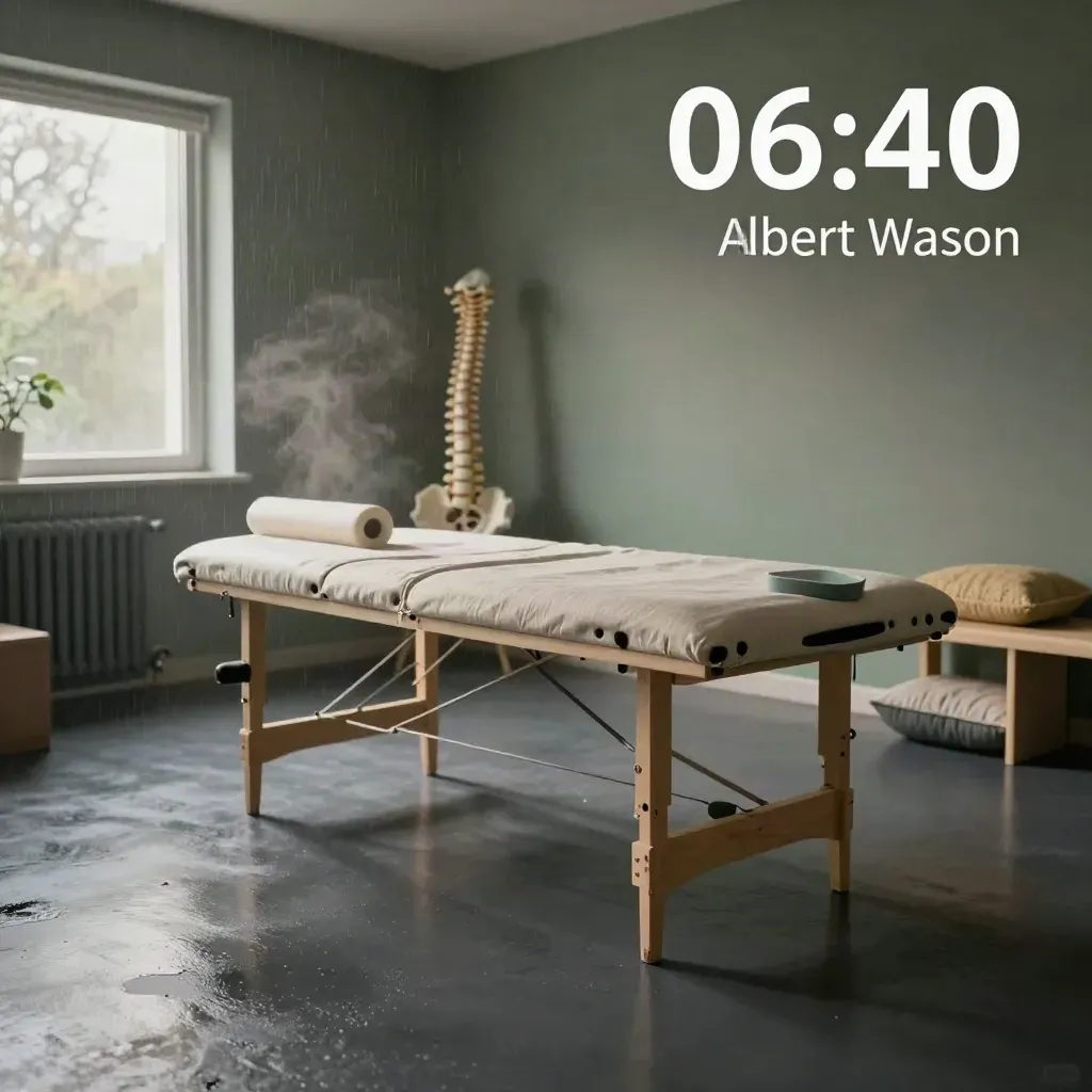 Sala di fisioterapia vuota all’alba con lettino, rullo, colonna vertebrale e corridoio lucido.
