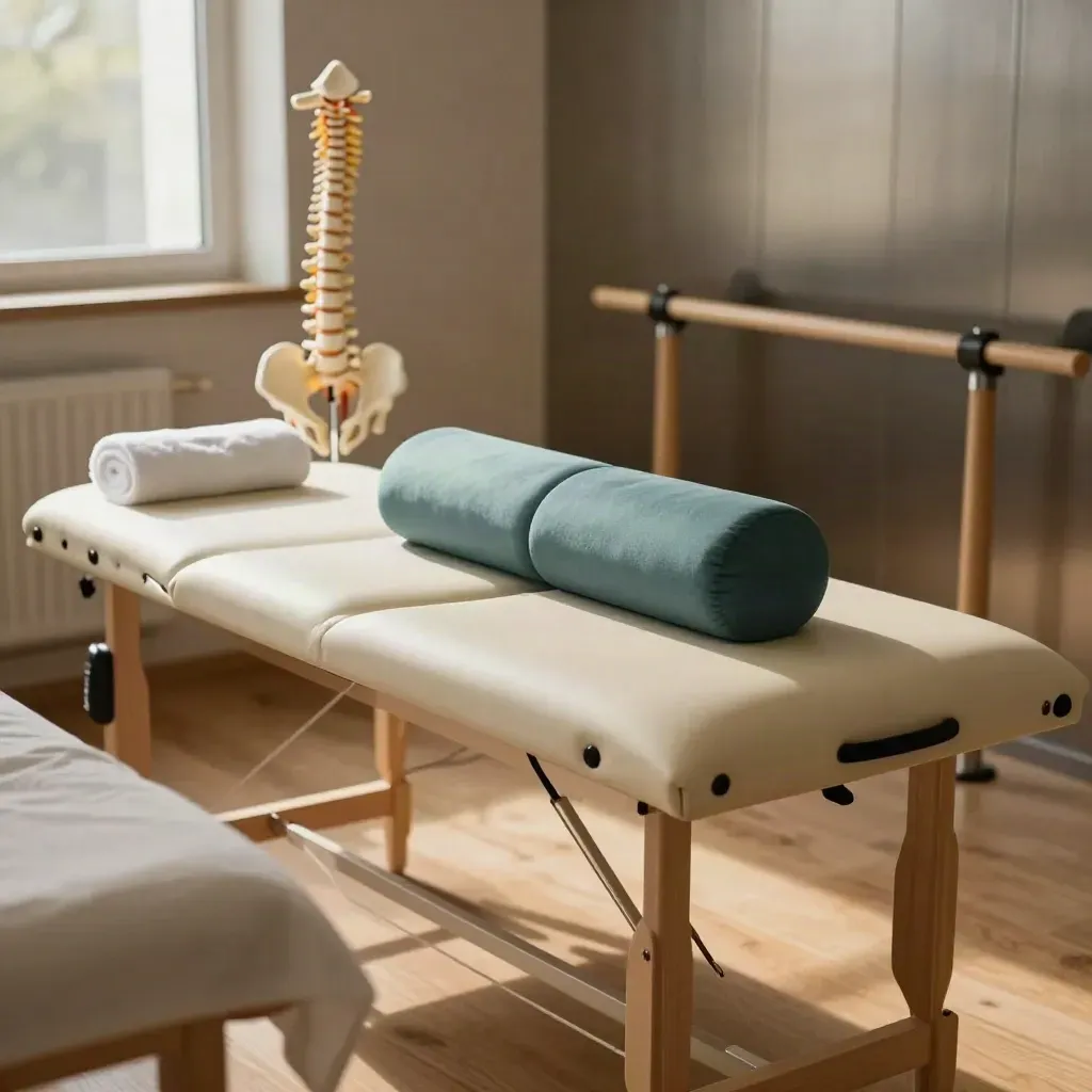 Lettino fisioterapico con asciugamano, rullo lombare, colonna anatomica e barre in legno.