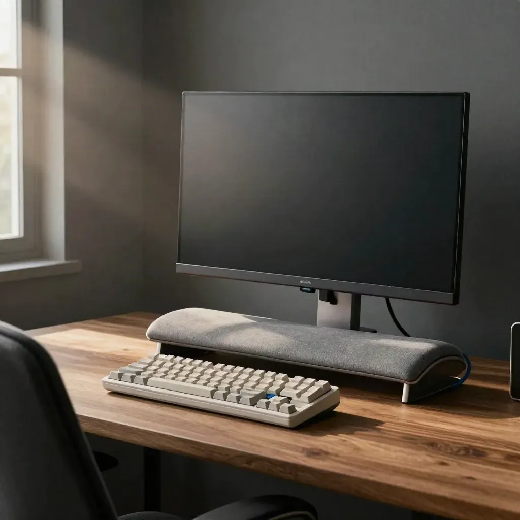 Postazione ergonomica domestica pronta, monitor spento, sedia regolata e tastiera meccanica.
