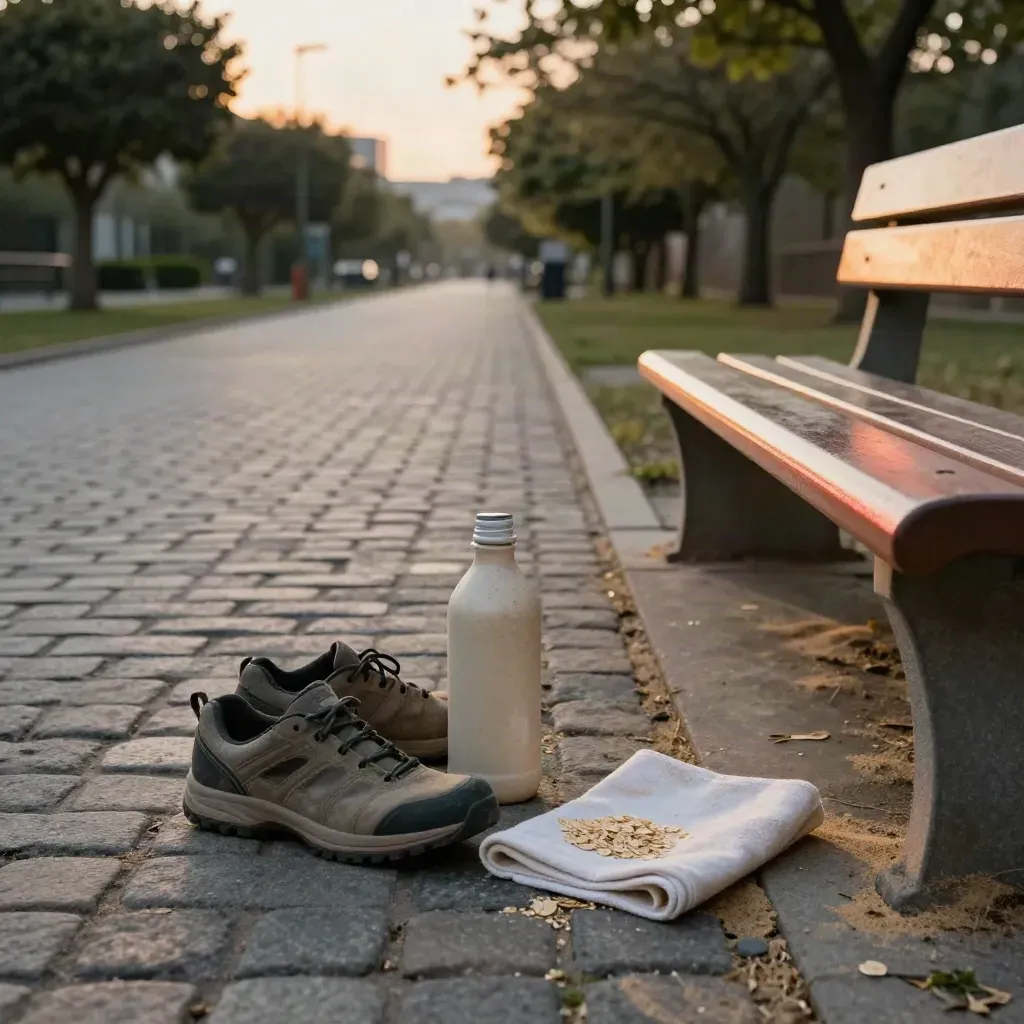 Sentiero urbano con panchina, borraccia opaca e scarpe da cammino tra alberi bassi