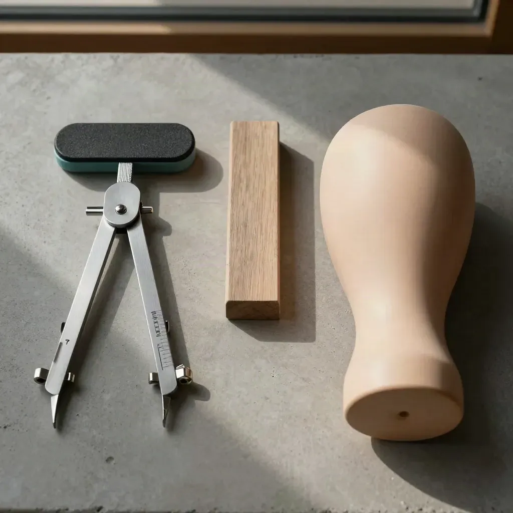 Goniometro, cuscino di equilibrio, blocchetto in legno e bacino su cemento, in ordine clinico.