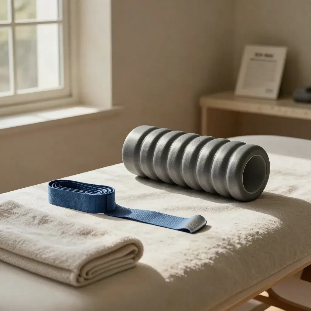 Fascia elastica, foam roller, cinghia e asciugamano su lettino in luce calda laterale.
