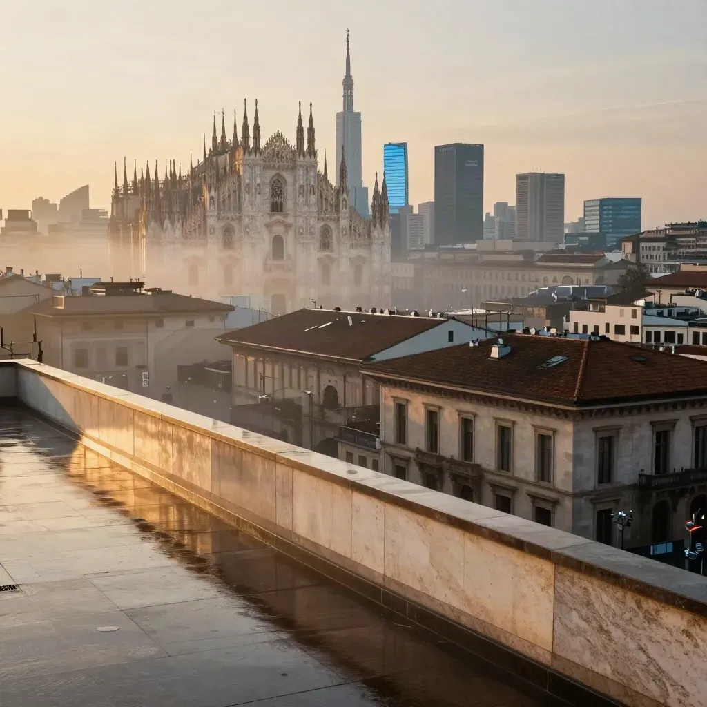 Skyline di Milano vista da un rooftop, con foschia dorata e spazio calmo per il testo.