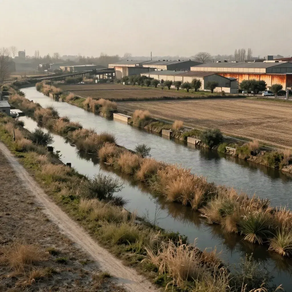 Canale tra campi aperti e margini industriali bassi nel Sud Milano, luce calda e foschia.